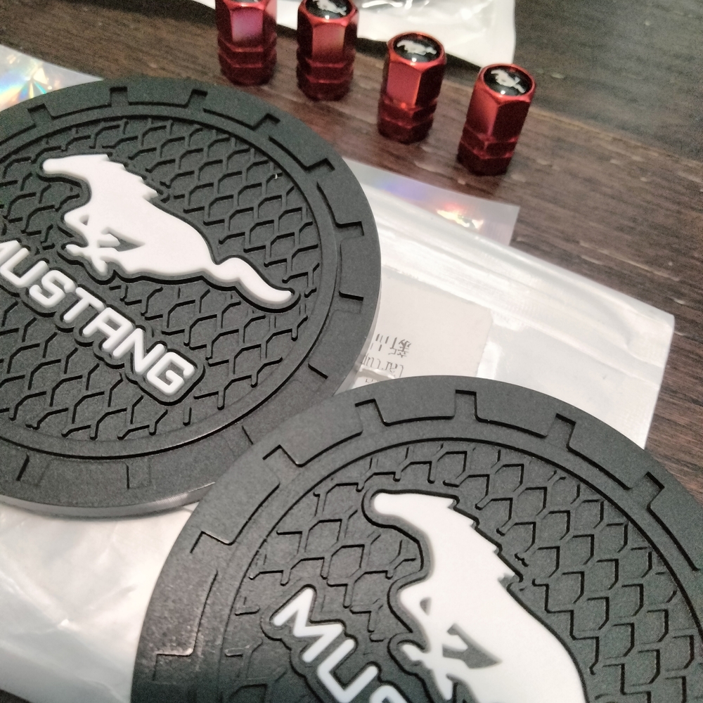 Mustang Black Coasters 4pcs with Red Valve Caps Car Accessories Set NWT